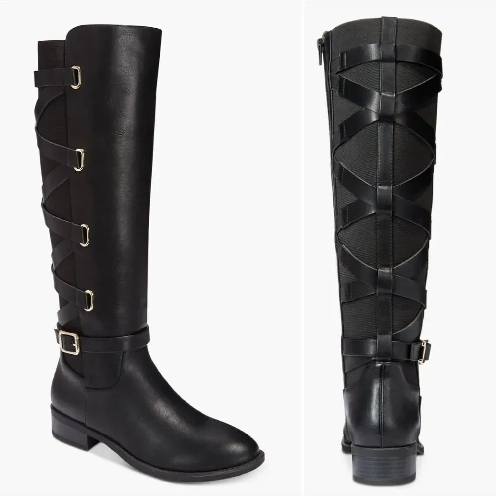Thalia Sodi Veronika Black Knee High Wide Calf Boots 7WIDE NWOT Back Lace Up